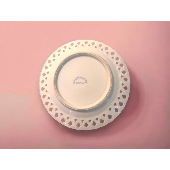 40s Collectible Dish from Japan 1940s Gold Edged Pink Flowers Lattice Edged - Picture 4 of 9